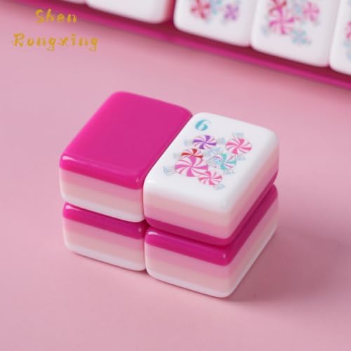 Shen Rongxing Pink Mahjong Set with Carrying Case, 144 Premium Engraved Mahjong Tiles, Portable Travel Set for Family Game Night, Birthday - 4