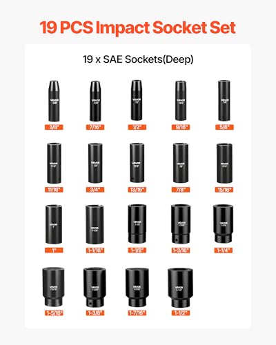 Image of VEVOR Impact Socket Set, 1 /2 inch 19 Piece Impact Sockets, Deep Socket, 6-Point Sockets, 1 /2 inch Drive Set 3 /8 inch to 1-1 /2 inch, Cr-V Rugged Construction, Easy to Identify, with a Sturdy Storage Case, for Vehicles