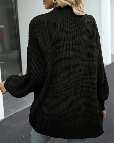 JFAN Mujer Cárdigan de Punto Jerséis Manga Larga Mujer Suéter Cárdigan Bolsillo Abrigo Cálido para Otoño e Invierno Negro M - imagen 3