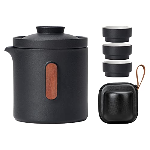 Heer Chinese Tea Set With Infuser And 3 Cups, Ceramic Portable Travel Teapot With Case For Adults, Simplicity Modern Wood Handle Kung Fu Tea Pot For Office And Home. (Black) #TOP13