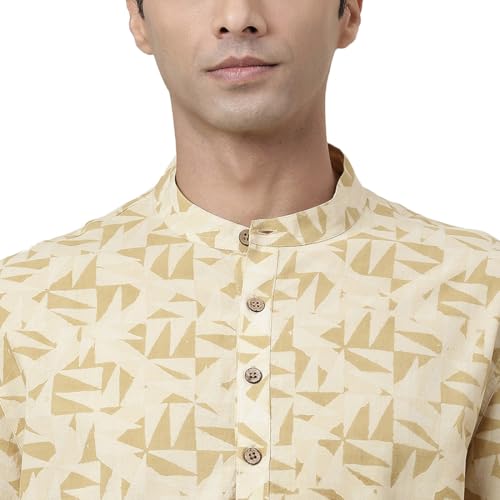 Image of Fabindia Yellow Cotton Blend Bandhani Slim Fit Shirt