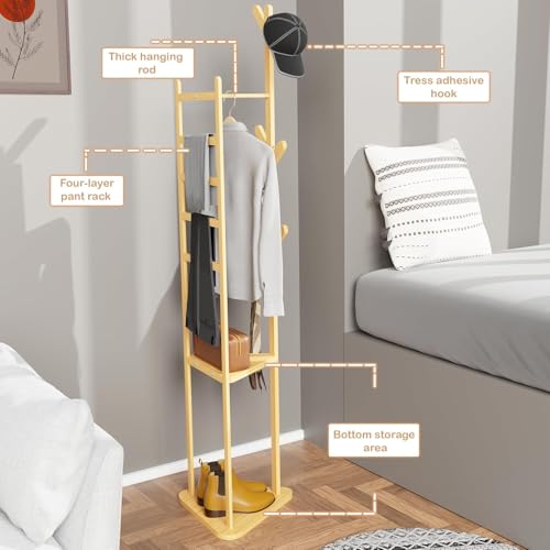 Image of Lukzer Triangular Coat Rack | Multifunctional Bamboo Wooden Coat & Garment Stand with 2 Shelves | Aesthetic Floor Corner Hanger | 6 Hooks for Hanging Coats, Jackets, Hats & Shoes (39x39x166 cm) CH-035