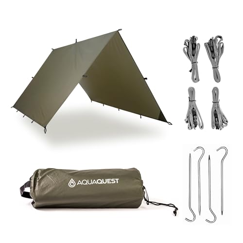 AquaQuest Guide Tarp – Ultralight Waterproof (5,000 mm) Seam‑Taped 40D Ripstop Rain Fly for Backpacking, Stealth Camping & Thru‑Hiking – 10×7 Olive Drab Kit