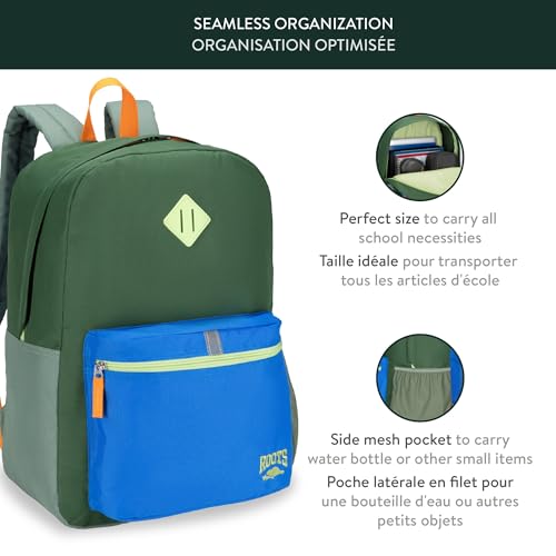 Roots Teen Lightweight Backpack — Made from Recycled Polyester with 15.6" Laptop Compartment, Rain Flap, Bottle Pocket, Reflective Accent, and Back Padding — 34L, Khaki/Blue by Roots - Image 2