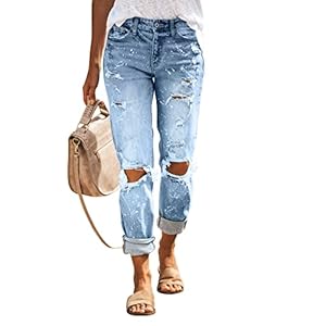 KUNMI Women’s Ripped Mid Waisted Boyfriend Jeans Loose Fit Distressed Stretchy Denim Pants