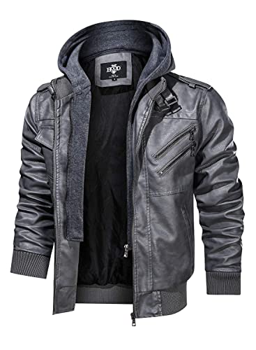 Image of HOOD CREW Men's Casual Stand Collar PU Faux Leather Zip-Up Motorcycle Bomber Jacket With a Removable Hood
