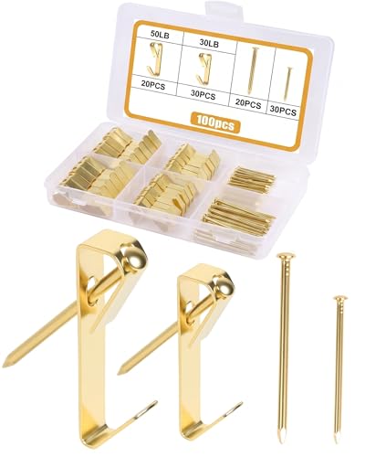 100PCS Heavy Duty Picture Hooks for Plasterboard Hard Walls (20 Sets 50lbs + 30 Sets 30lbs) Picture Hanging Kit Picture Rail Frame Hooks Hangers
