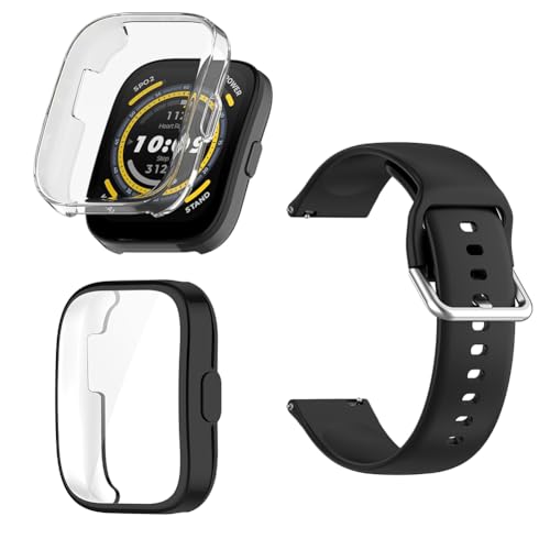 FCMEDZI Cases and Strap Compatible for Amazfit Bip 5 Screen Protector Accessories Soft TPU Full Coverage Smartwatch Case and Soft Silicone Band (Pack of 2+1)