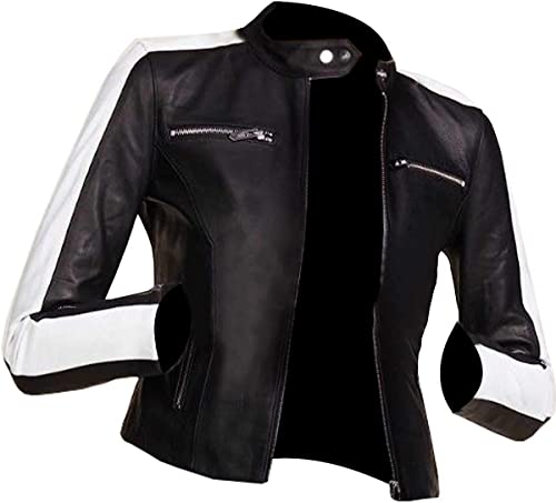 UGFashions Women's Café Racer White Sleeve Stripe Motorcycle Slim Biker Black Leather Jacket