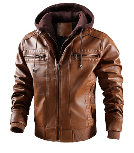 Image of INVACHI Men's Faux Leather Motorcycle Bomber Jacket with Removable Hood