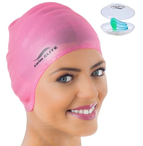 Swim Elite Silicone Swimming Cap for Long Hair + Nose Clip - Swim Cap for Women, Men and Dreadlocks