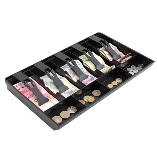 Image of Cash Register Drawer Insert Tray, Portable Currency Till Replacement Money Organizer with Spring-Loaded Note Clips and Divided Storage Sections for Shops, Offices and Billing Counters