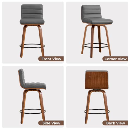 Image of Swivel Bar Stools Set of 1,26 inch Faux Leather Counter Height Barstools with Back,Mid Century Modern Upholstered Bar Chairs with Bentwood Legs Island Stools for Kitchen Counter Darkgrey