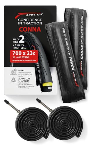 Fincci Set 700x23c Tires Road Bike with 2X Bicycle Inner Tubes 700c - Racing 23-622 1mm Puncture Proof Bike Tires & 60mm Presta Tube - 700c Bike Tire for Folding, Touring, Gravel, E Bikes, Bicycle