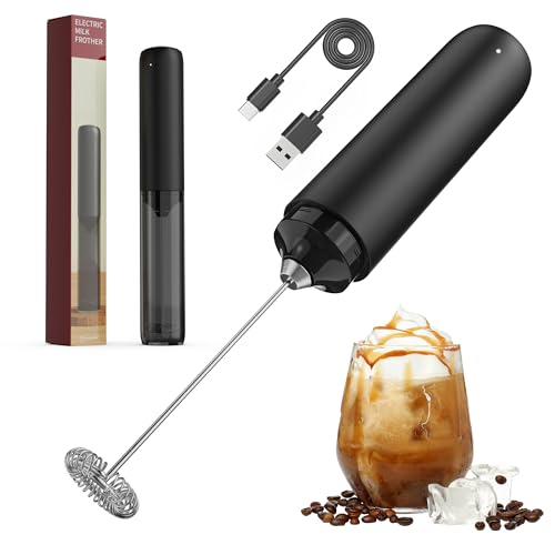 CMICE Black Milk Frother Wand, Electric Foam Maker Frother Wand, Hand Mixer for Lattes, Stainless Steel Mixing Head, Detachable for Cleaning, Cappuccino - Kitchen Gift