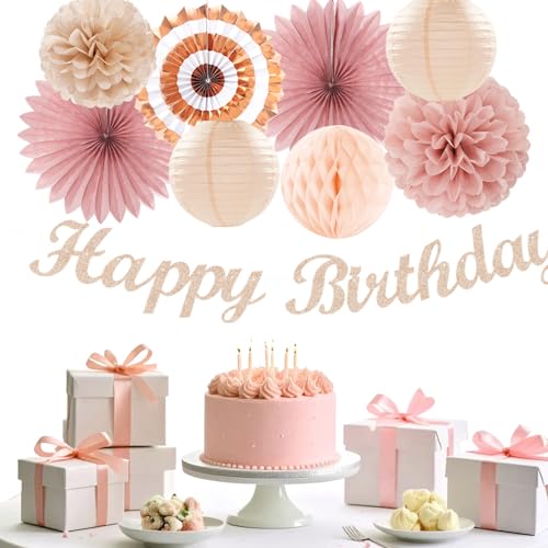 Image of Blush-Pink Rose-Gold Fall Birthday Party-Decorations - 21pcs Boho Happy Banner Sign,Women Paper Lanterns Honeycomb,One Sweet Peach Streamers Garland,Girl Tissue Pom Poms Flowers Fans Decor Burgleda