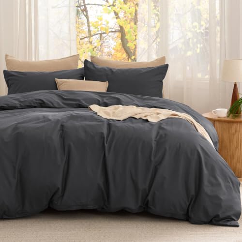 Image of Bedsure PureWoven Cotton Comforter Set Prewashed, King, Charcoal Grey | Cotton Fabric, Microfiber Inner Fill, Soft, Breathable, Natural Wrinkle, 1 Comforter(104 inch X 90 inch), 2 Pillow Shams(20 inchx26 inch)