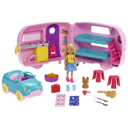 Barbie Chelsea Doll with Toy Car and Camper Playset Blonde Chelsea Doll with Toy Puppy and 10 Camping Accessories and Doll Accessories Toys for Ages 3 and Up One Doll FXG90