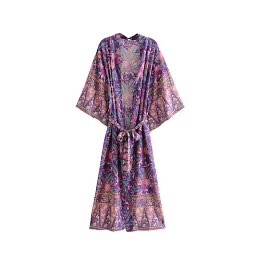 Women Vintage Print Long Robe Rayon Cotton Cover Ups Bikini Swimwear Bohemian Kimono Cover Up