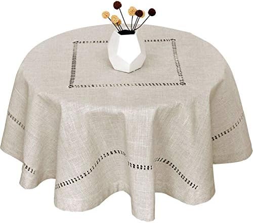 Grelucgo Large Handmade Double Hemstitch Natural Tablecloth, Round 90 Inch