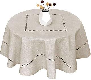 Grelucgo Handmade Double Hemstitch Natural Tablecloth for 4 Seats, Round 54 Inch