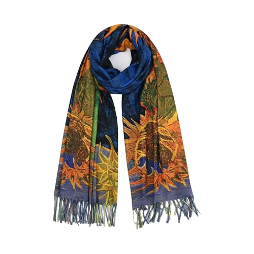 Reversible Pashmina Scarf - Double-side Cashmere Feel Shawl Wrap Monet Van Gogh Art Printing Scarves