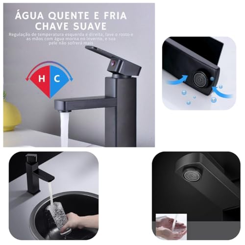 Torneira Banheiro Luxo. Bacias Quadrada 1/4 Volta 304. Inox Aço Preta Fosco. Bancada Pia Banheiro. 2