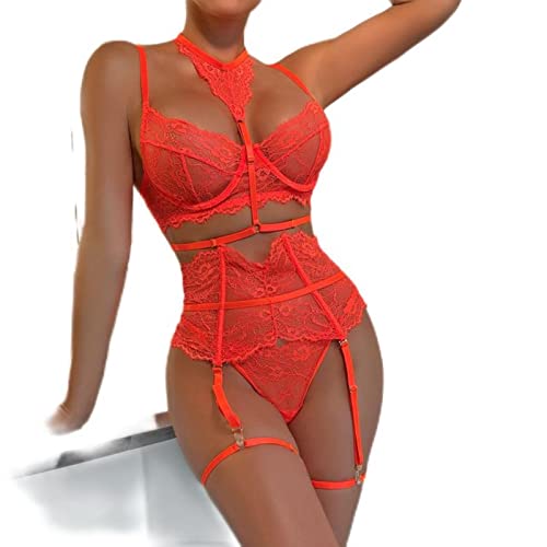 WEITING Sous-vêtements lingerie sexy 3 pièces soutien-gorge dentelle costume sexy porte-jarretelles avec bas femme intime orange fluo, L