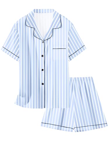 Schbbbta Silk Pajamas Set for Girls Satin Stripe Button-up Sleepwear Loungewear Gifts for Kids Blue Stripe 5-6 Years