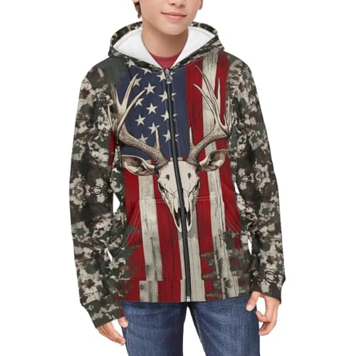 WELLFLYHOM Camo Deer Zip Up Hoodies Size 6-7 American Flag Boys Graphic Sweatshirt Novelty Long Sleeve Hoodie Kangaroo Pocket Full Zipper Hooded Sweater Shirts for Sports Running Yoga