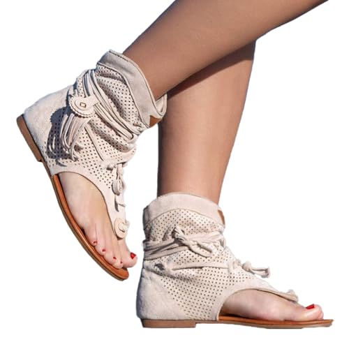 Women's Bohemian Tassel Sandals, Gladiator Fringe Flat Clip Toe Ankle Beach Sandals T-Strap Open-Toe Flip Flops Sandals