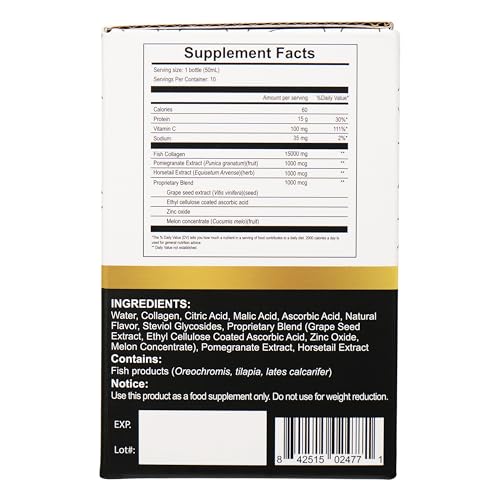 Diamond Liquid Collagen Drink, 15000 mg Hydrolyzed Marine Collagen Peptides with Vitamin C, Pomegranate, Healthy Hair Skin Nails Joints Bones Support, 50 ml x 10 Bottles