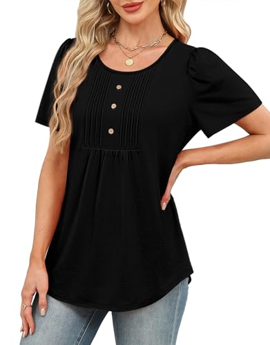 Image of Womens Tops Dressy Casual Blouses Short Sleeve Shirts Plus Size Fashion Clothing Spring Summer Outfits Button Pleated Front