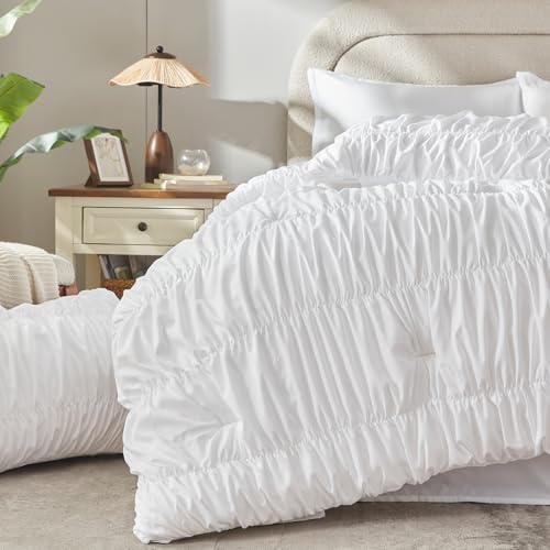 Image of Andency Ruched Oversized Queen Comforter Set White, 7 Pieces Ruffle Bed in a Bag, Shabby Chic Pleat Bedding Set with Comforter, Sheets, Pillowcase & Sham, Lightweight, Soft, All Season