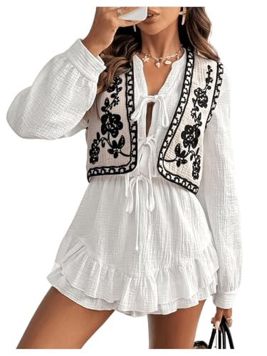 SHENHE Women's Vintage Floral Embroidered Open Front Vest Boho Waistcoat Cardigan Vest