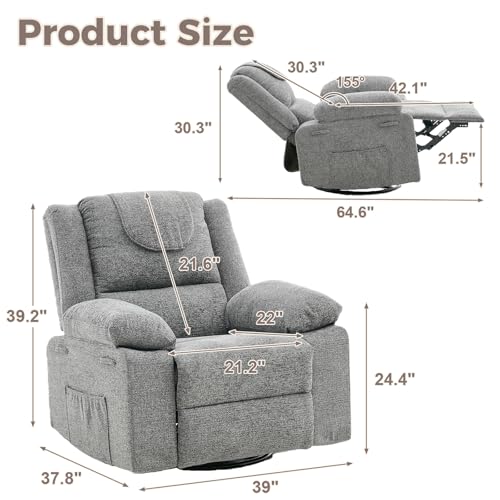 Image of Oversized Swivel Rocking Recliner Chair for Adults, 360 Swivel Glider Nursery Chair with Vibration Massage & Heat, Comfortable Single Sofa for Living Room Bedroom, Gray