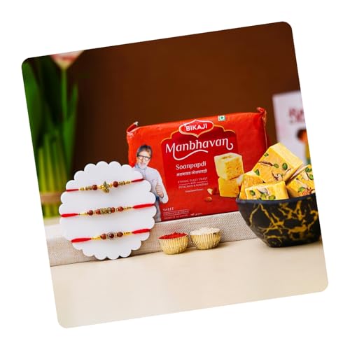 Image of Religious Assorted Rakhi Gift Set - 3 Rakhis with Rudraksha, Ganesh Design, Stonework, and Soan Papdi