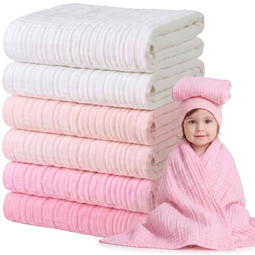 Image of Chumia 6 Pack Baby Muslin Bath Towels Bulk 43.3 x 43.3 Inch 6 Layer Soft Cotton Swaddle Receiving Blankets Breathable Quick Dry for Newborn Infant Toddler, Baby Shower Registry Gifts(Pink and White)
