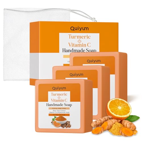 Quiyum Turmeric & Vitamin C Soap Bar (3x120g), Face & Body Cleanser with Aloe Vera, Vitamin E, Collagen & Hyaluronic Acid for Even Skin Tone, Dark Spot, Acne & Smooth Skin, with A Foaming Net Quiyum Turmeric & Vitamin C Soap Bar (3x120g), Face & Body Cleanser with Aloe Vera, Vitamin E, Collagen & Hyaluronic Acid for Even Skin Tone, Dark Spot, Acne & Smooth Skin, with A Foaming Net