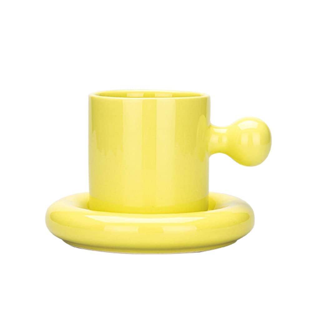 Urocze ceramiczne kubki do kawy ze spodkiem, ręcznie robiony kubek ceramiczny, nowoczesne wielokolorowe kubki idealne do herbaty, kawy, cappuccino i innych napojów, zmywarki i kuchenki mikrofalowej S żółty1