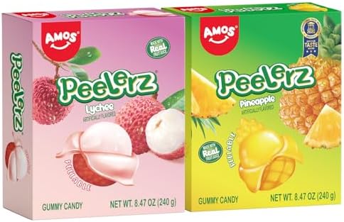 AMOS Peelerz Lychee & Pineapple Gummy Candy, Peelable Fruit-Shaped Candy, 8.47oz Box with 10 Individual Packs – Fun Peeling Gummy Snack Made with Real Juice (2-Box Bundle)