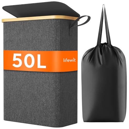 Lifewit Panier Linge Extra Plat, Paniere Linge Sale avec Couvercle, Corbeille a Linge Bambou avec Sac Amovible et Poignée, Bac Linge Etroit pour Chambre, Salle de Bain,...