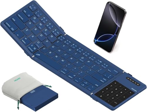 Image of Nilkin Upgraded Foldable Bluetooth Keyboard with Touchpad & Number Pad, Portable Wireless Keyboard for Travel, Pocket-Sized, Full Size Keys, Support 3 Devices for iPad Laptop Tablets Phone, (Blue)
