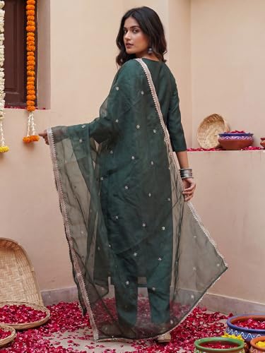 Image of INDO ERA Women's Cotton Solid Straight Kurta Palazzo With Dupatta Set