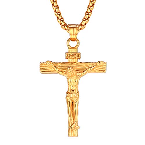 FaithHeart Pendentif Crucifix Femme Collier Croix INRI Plaqué Or
