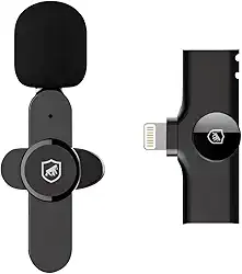 Gshield Microfone de Lapela sem Fio Flex para Gravação de Aúdio com Redução de Ruído, Condensador Omnidirecional, Receptor com Alcance de 20m e Clipe para Roupa, Preto (Lightning)