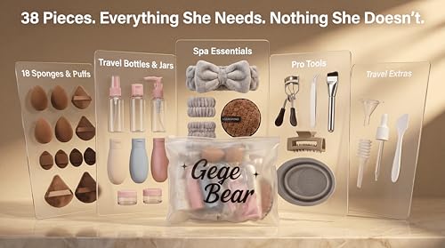 Image of Gege Bear 38-Piece Complete Beauty & Skincare Kit for Women | Spa Headband + Wrist Bands, 18 Sponges & Puffs, 8 Travel Bottles, Collapsible Brush Cleaning Tub, Eyelash Curler, Tweezers, Foundation Brush | All-in-One Makeup Starter & Travel Kit | (Hot Pink, 38 PCS)