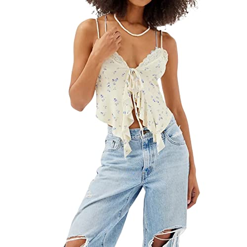 RUEWEY Women's Summer Tie Up Camisole Tops Lace Sleeveless V Neck Irregular Ruffle Bustier Tops Crop Tops2