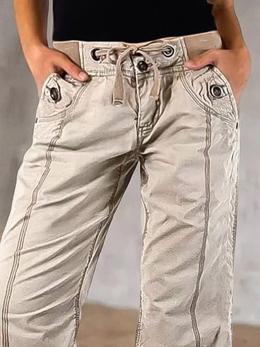 Flamingals Drawstring Cargo Pants for Women Baggy Mid Rise Straight Leg Stitch Detail Casual Pants4