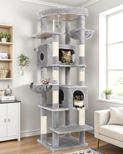 Globlazer Heavy Duty Cat Tree, 74in Sturdy Cat Tower for Large Cats Adult, Big Cat Tree with 5 Sisal Scratching Posts, 2 Padded Condos, 2 Dual-Ear Hanging Baskets, Enlarged Top Perch, S74, Light Grey